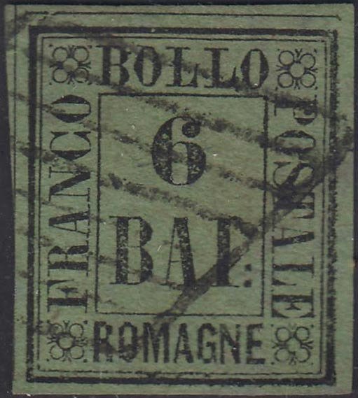 Italiaanse oude staten - Romagna 1859 - 6 baj yellow green used with Papal supply grid cancellation - Sassone N. 7