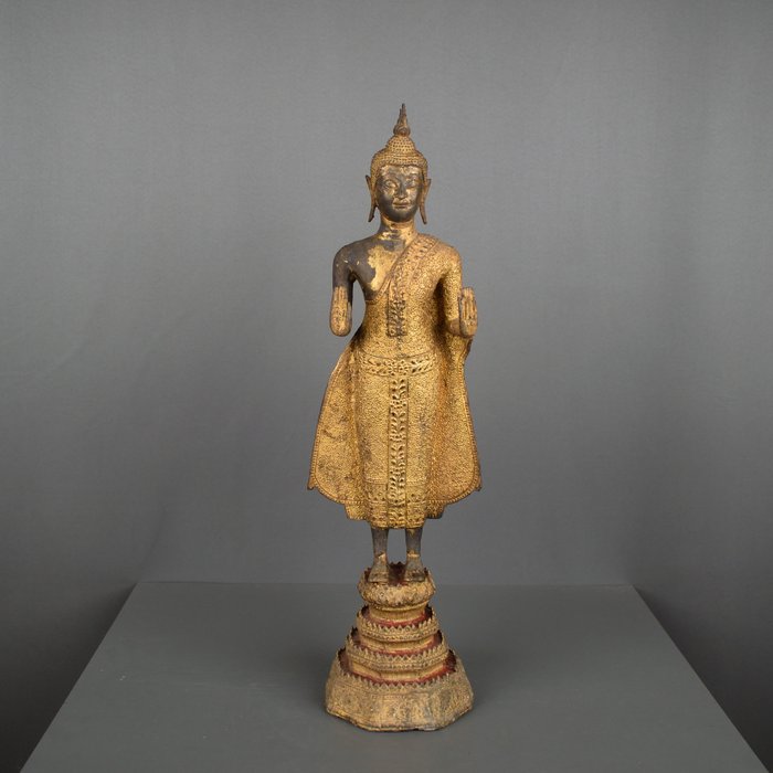 Statue (1) - Bronze, Gilt - Bouddha debout - Thailand - Rama VI (1910-1925)        