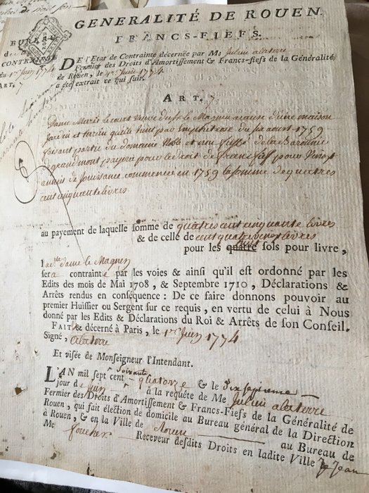 City of Rouen, Normandy - Signed Document [Louis XV tax desk] - 1774