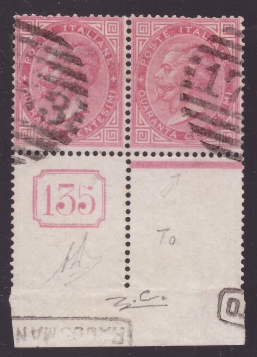 Italy Kingdom 1863 - 40 cents carmine pink DLR Turin, pair with plate number and colour line
