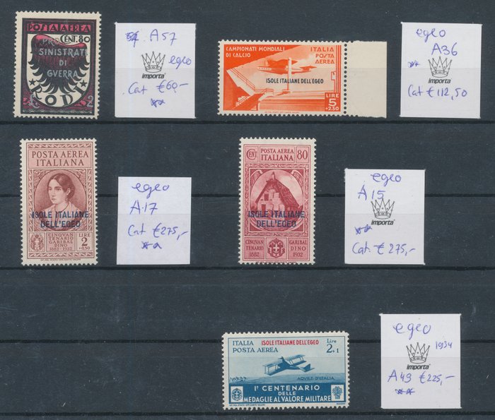 Italian Aegean Islands - general issues 1932/1944 - Compilation Egeo on a stock card - Sassone A15, A17, A36, A43, A57