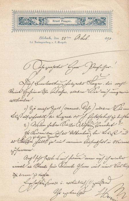 Ernst Pasqué - Schriftsteller und Opernsänger - Original-Autograph - Handgeschriebener Brief mit Unterschrift - 1890