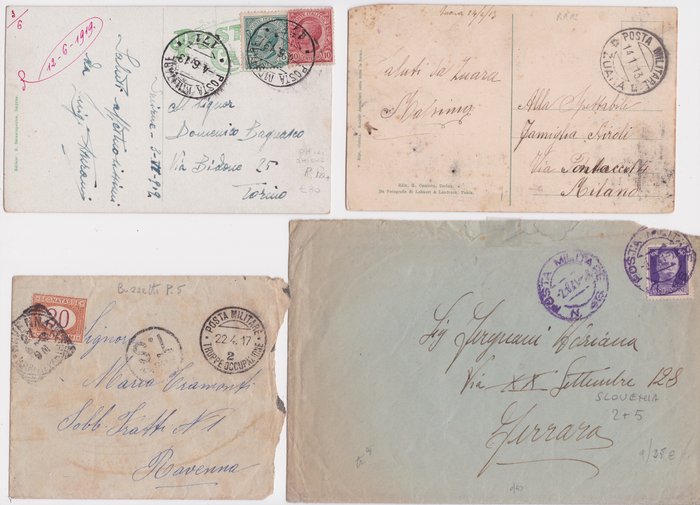 Italy Kingdom 1913/1941 - Military mail, set of 4 letters and postal stationery from abroad.
