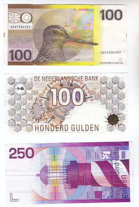 Paesi Bassi - 100 - 100 - 250 Gulden 1977 / 1992 (3 verschillende)