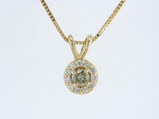 AIG Certified - 14 carati Oro giallo - Collana con pendente Diamanti - Fantasia verde giallastro rotondo brillante