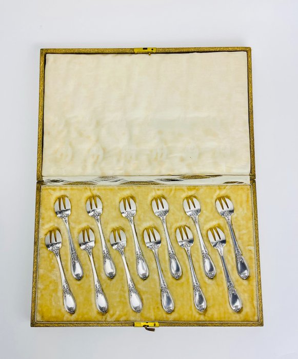 Oyster Forks - in originele koffer (12) - .950 zilver - Louis Ravinet & Charles Denfert (1891/1912), Paris - Frankrijk - eind 19e / begin 20e eeuw