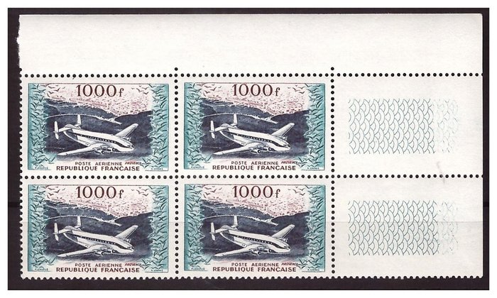 France 1954 - Airmail, block of 4 of the 1000 francs,  “prototypes” series, mint** deluxe. - Yvert PA N°33** 1er Choix