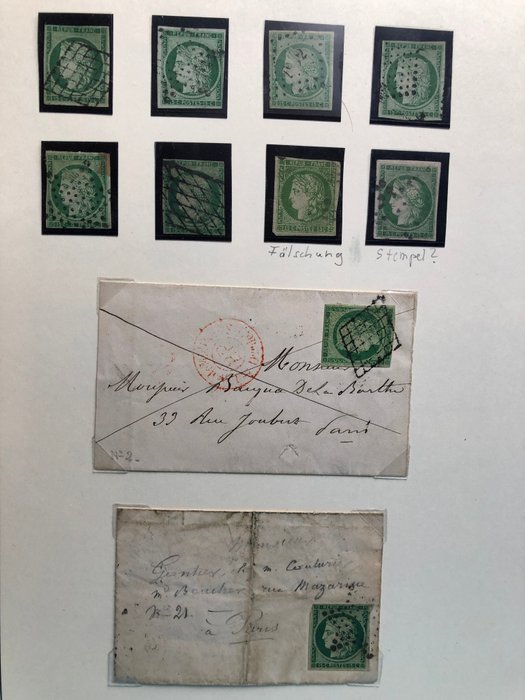 Frankreich 1850 - RRR, 15 c. vert, 7 X Ceres Einzelmarke & 2 Ceres auf Briefen - Yvert 2