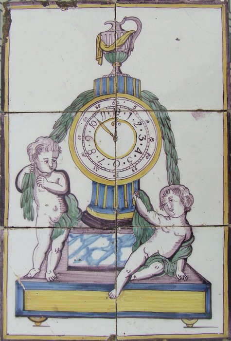 Westraven-Utrecht - Tableau en carreaux colorés 6 pièces avec pendule et putti, s - Faïence