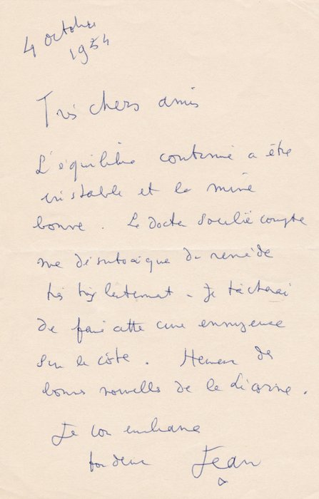Jean Cocteau - Lettre autographe signée - 1954