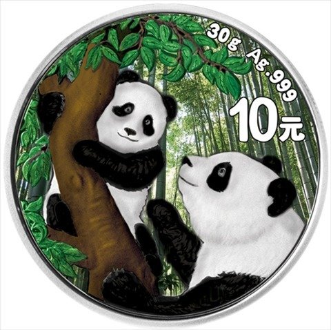 China. 10 Yuan 2021 'Panda, mit Baby - Colorized' - 30 g