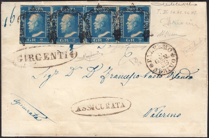 Italiaanse oude staten - Sicilië 1859 - 2 gr. ultramarine blue, 2nd plate, strip of 4 on insured letter from Girgenti to Palermo - Sassone N. 7d