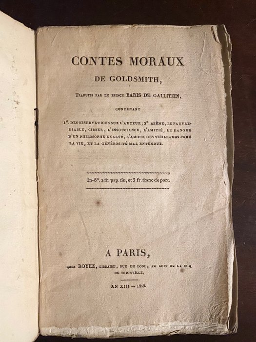 [Baris de Gallitzin] - Contes moraux de Goldsmith, traduits par le prince Baris de Gallitzin - 1805