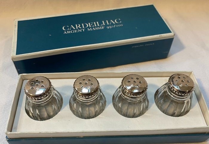 Set van 4 Franse zilveren zoutvaatjes - in doos - .800 zilver, Kristal - Christofle - Cardeillac - Frankrijk - Midden 20e eeuw
