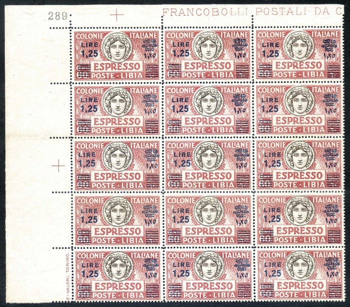 Italiaans Libië 1936 - Express stamp L. 1.25. Beautiful block of 15 with plate number - Sassone N. E 17