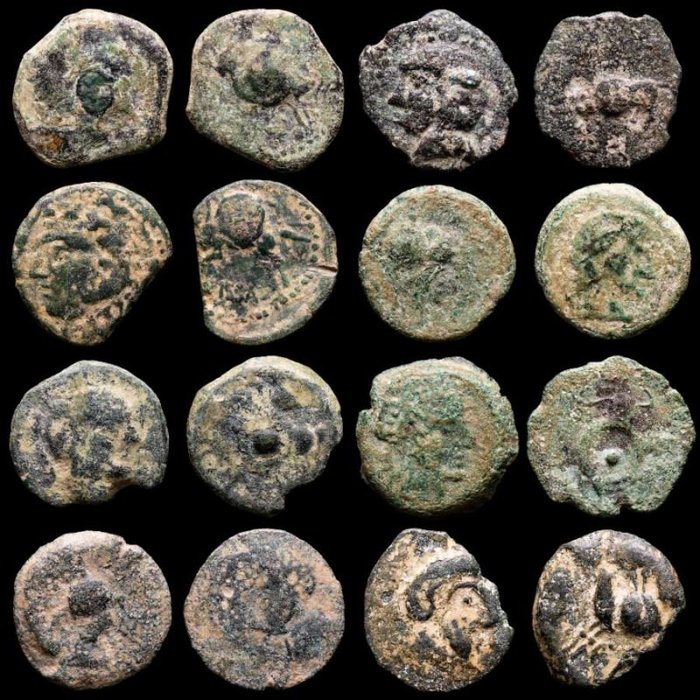 Ibero-Roman. Lote de ocho (8) monedas ibericas de influencia romana,  Semis de bronce.