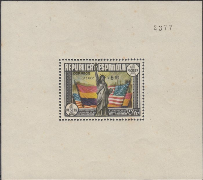 Spanien 1938 - USA Constitution miniature sheet. Airmail. CEM certificate. - Edifil 766