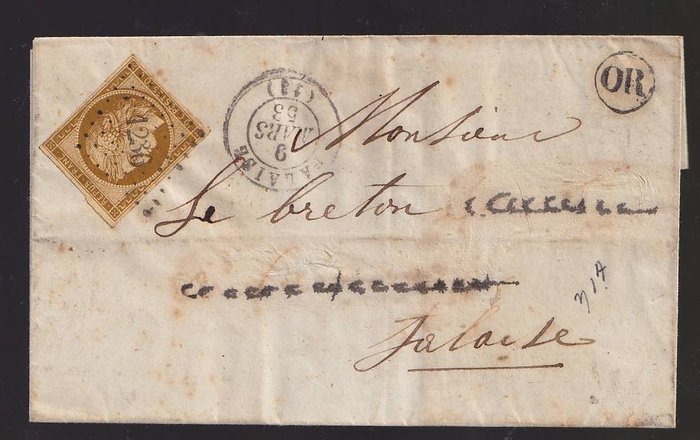 Frankreich 1853 - A very good 10 cents Ceres, dark brown, on local letter - Yvert 1a