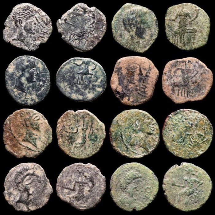 Ibero-Roman. Lote de ocho (8) monedas ibericas de influencia romana,  Semis de bronce.
