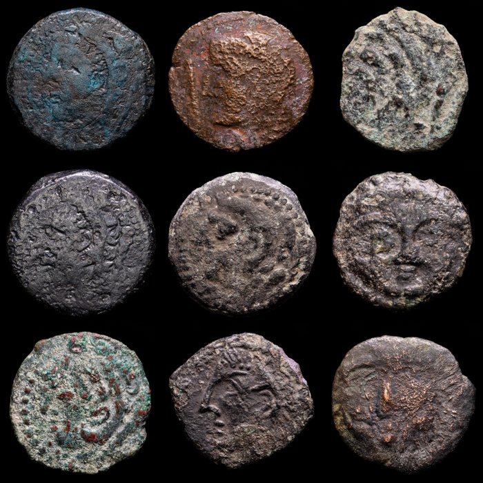 Hispania, Gades. Lote de 9 monedas Æ (Asses, Semis y Cadrantes),  (actual Cádiz) - años 200 - 100 a.C.