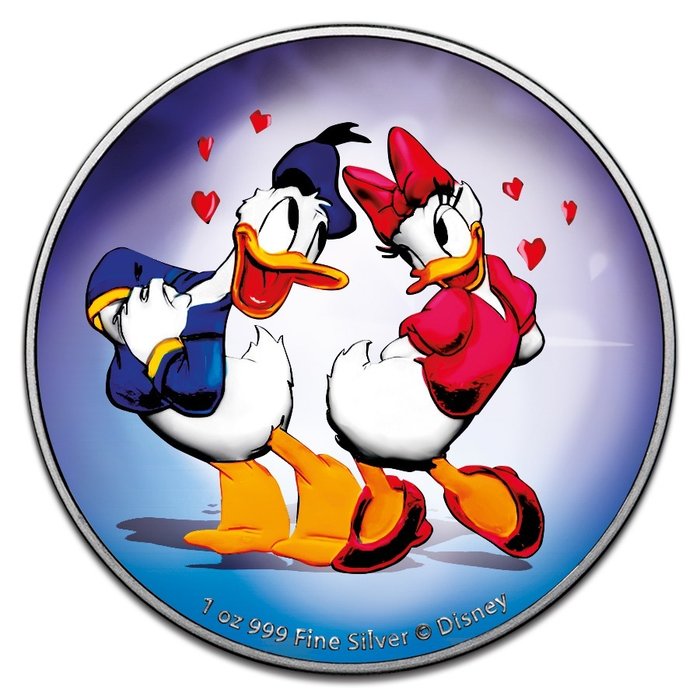 Niue. 2 Dollars 2021 Disney Donald & Daisy Duck Blue Love Silver Coin - 1 oz
