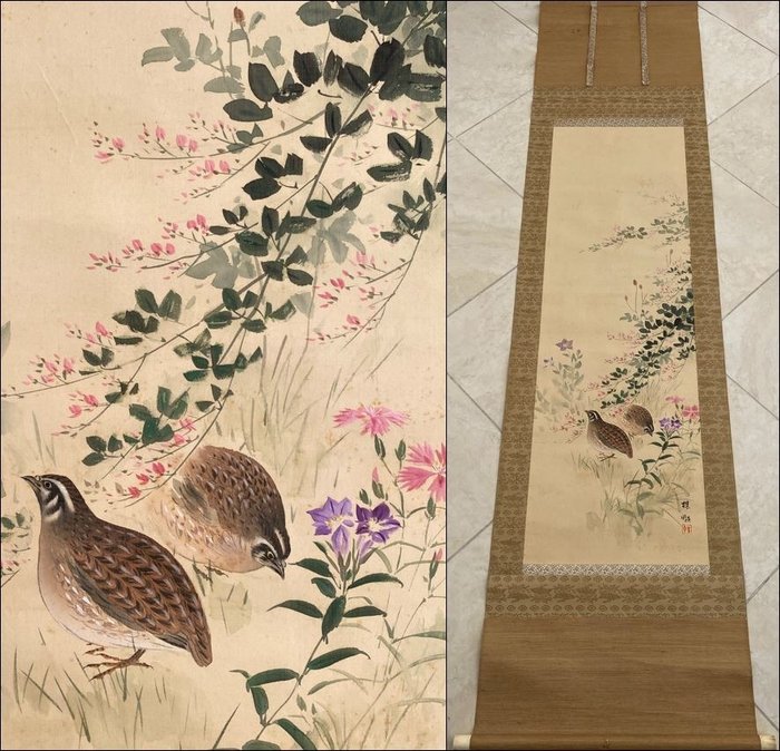 Original antique scroll painting -'Quail and Flowers' - Handpainted on silk - Signed and sealed - Japan - ca. 1880, Meiji period
