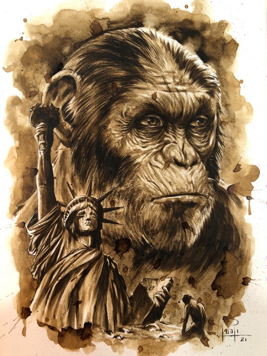 Original Coffee Painting - CÉSAR (Planet of the Apes) (2021)