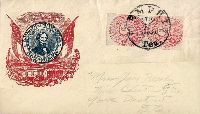 Noord Amerika 1861 - Confederate States 5 cent red pair on patriotic envelope - Yvert et Tellier n°2- Scott 56