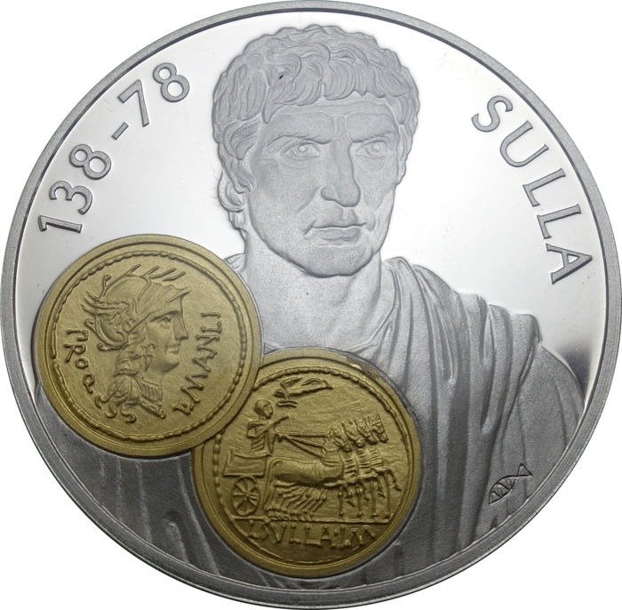 Netherlands Antilles. 10 Gulden 2001 (Proof) Handelsmunt 'Lucius Cornelius Sulla' zilver met gouden inlay