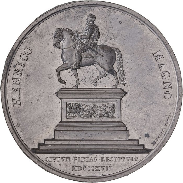 Frankreich. Médaille uniface en étain "Rétablissement de la statue équestre d'Henri IV" par Andrieu