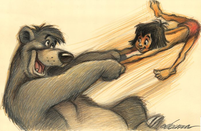 Baloo & Mowgli Whirl [The Jungle Book] - Original Drawing - Joan Vizcarra - Pencil Artwork - 50 x 32 cm