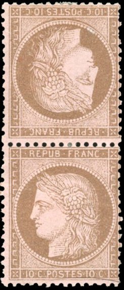 France - Ceres perforated - 10 cents Brown-pink - vertical tête-bêche pair - very fine - Behr certificate - Yvert 58c