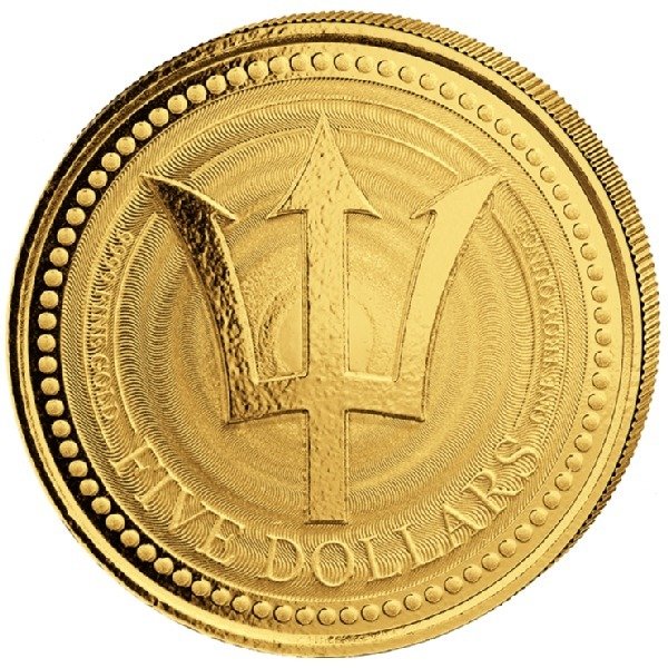 Barbados. 5 Dollars 2021 Scottsdale Mint Dreizack / Trident - 1/5 oz Goldmünze