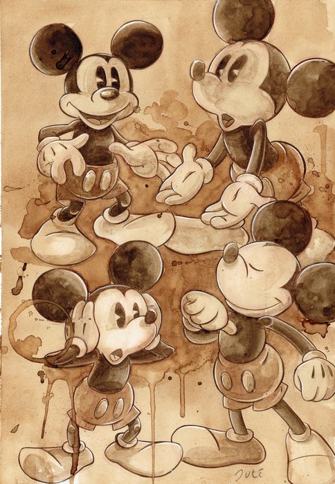 Mickey Mouse Model Sheet With Coffee - Original Painting By Guti - Signed - 46 x 33 cm - Original Art
