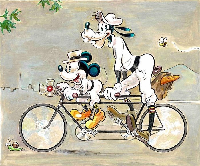 Mickey & Goofy Inspired by Ramon Casas - Original Painting - Tony Fernandez Signed - Acrylic Artwork