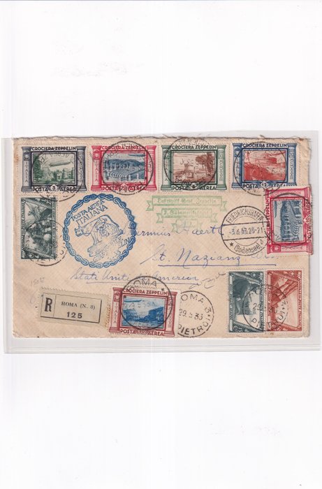 Italy Kingdom 1933 - Zeppelin cruise, complete set and complementary postage on registered airmail from Rome to the USA - Sassone 45/50