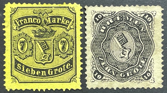 Oud Duitsland - Bremen 1866 - Unused, without gum 7 groschen black on medium reddish yellow and unused, without gum 10 groschen, - Mi.Nr. 13 und Mi.Nr. 14