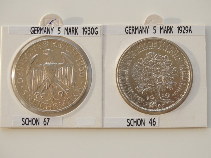 Germany, Weimar Republic. 5 Reichsmark 1930-G, Zeppelin/5 Reichsmark 1929-A, Eichbaum (2 pieces).