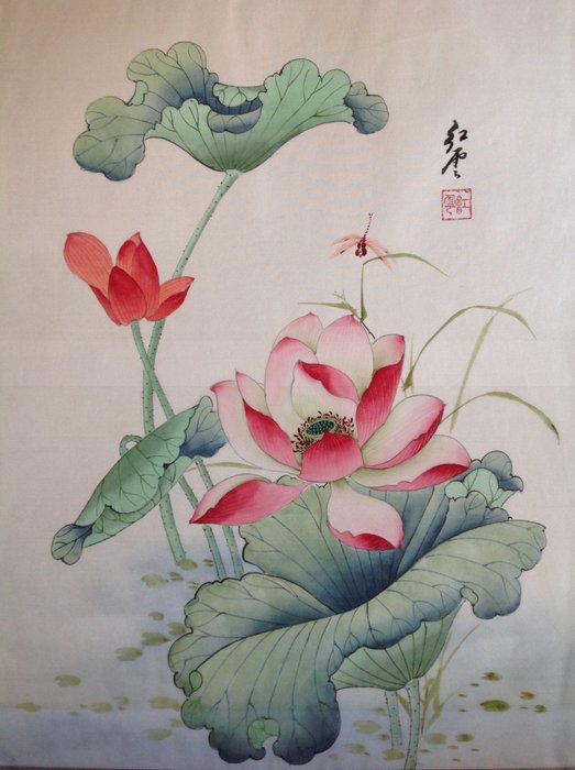 5 dipinti cinesi, acquerelli su seta. (5) - Acquerello, Seta - Fiore di prugna, Fiori, Peonia, Signora - Cina - Seconda metà del 20° secolo