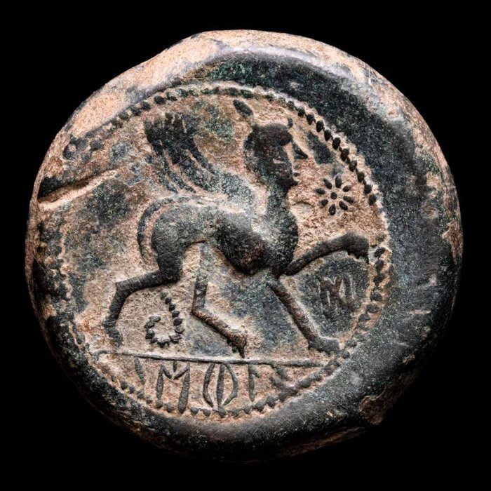Hispania, Castulo. Æ As,  acuñado en el siglo II a. C. Serie pesada, 28.43 g. Esfinge