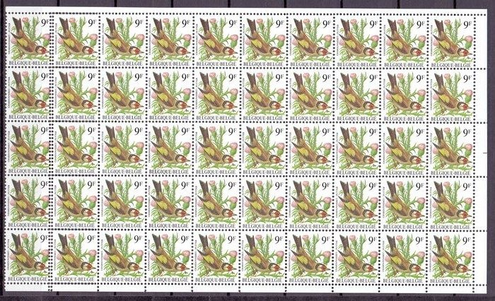 Belgien 1985 - André Buzin, 9 Fr goldfinch in a complete sheet with a double vertical perforation line.