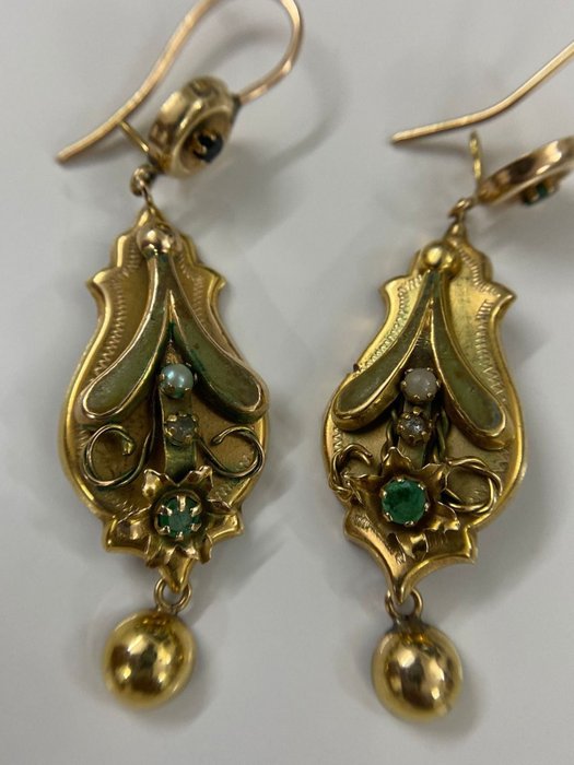 12K Yellow gold - Earrings - 0.40 ct Emeralds - Emeralds, - Catawiki