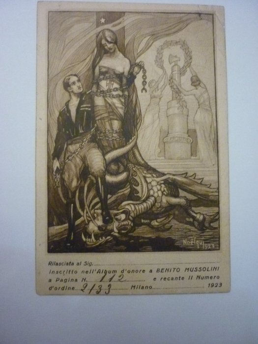 Original 1923 - Noelqui sketch and lithographic stones deliberately destroyed after the first edition - Commemorative postcard Benito Mussolini first Fascism (1) - 1923