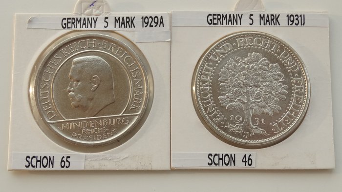 Germany, Germany, Weimar Republic. 5 Mark 1929-A, Schwurhand/ 5 Mark 1931-J, Eichbaum (2pieces).