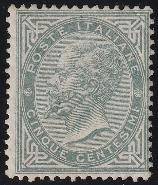 Koninkrijk Italië 1864 - DLR Turin issue 5 c. dark grey green, intact and very rare, certified - Sassone T16