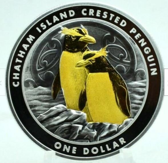 New Zealand. 1 Dollar 2020 - Chatham Island - Crested Pinguin mit Goldapplikation - 1 Oz