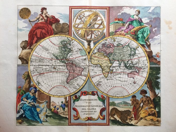 Wereld, Continenten; G. Albrizzi & I. Tirion - MAPPAMONDO, o sia Descrizione Generale del Globo terrestre ed Acquatico. - 1740