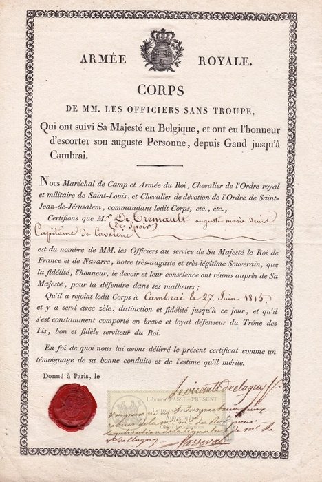 Charles Antoine de Clugny -[Maréchal de Camp de Louis XVIII] - Certificat de Bonne Conduite pendant les Cent-Jours - 1815