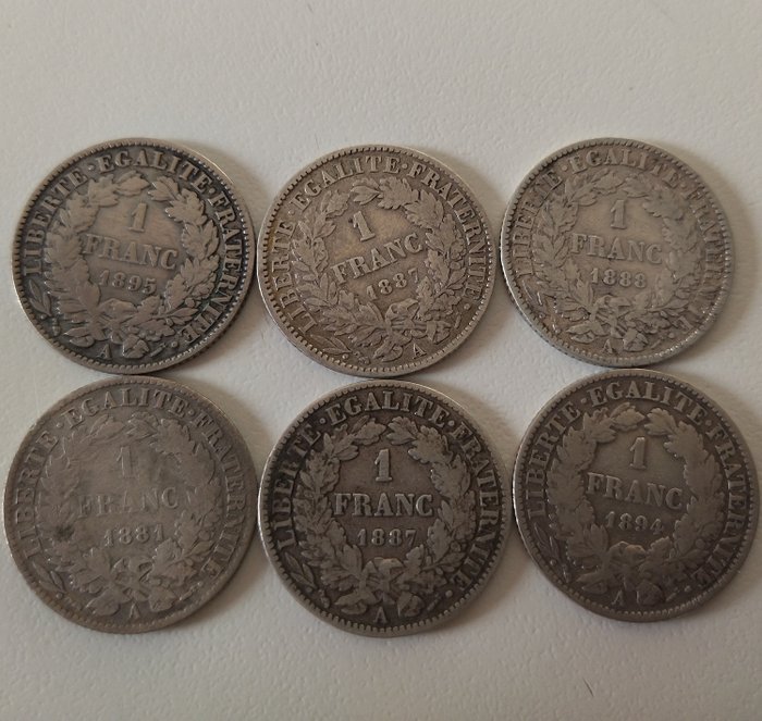 France. Third Republic (1870-1940). 1 Franc 1881/1895 Cérès (lot de 6 monnaies)
