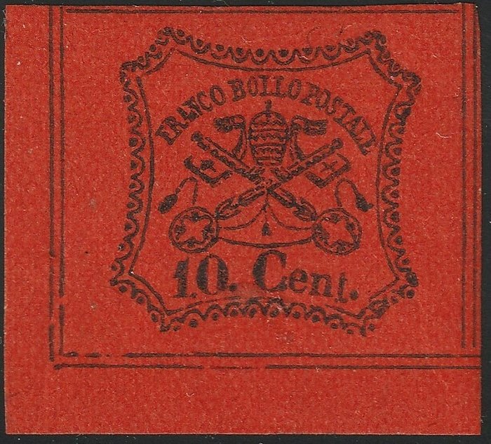 Italienische antike Staaten - Kirchenstaat 1867 - 2nd issue 10 c. orange vermilion with very good margins, sheet corner, mint with full gum, rare, - Sassone n.17